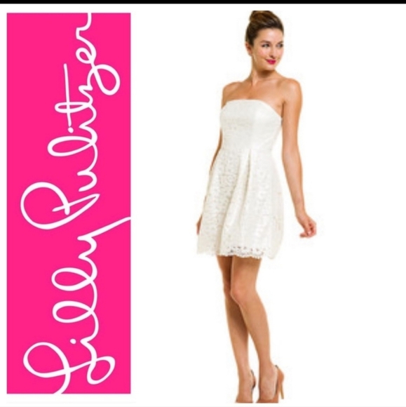 NWOT LILLY PULITZER MARIELLE CAMEO WHITE RACE FOR THIS LACE STRAPLESS DRESS - Picture 1 of 15